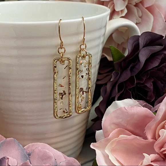 Boho Gilded Gold Rectangular Shell Dangle Earrings - Picture 7 of 16